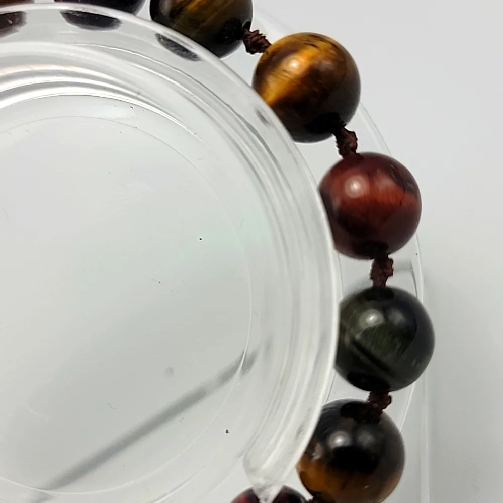 Gold Green Red 10mm Tiger Eye Beaded Bracelet Hand Knotted Silver Tone Clasp